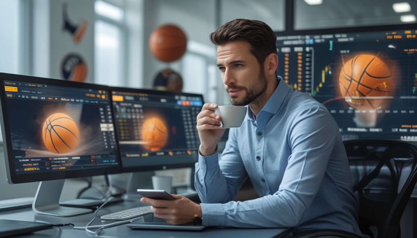 Seorang pria fokus melihat data taruhan basket live streaming di beberapa layar komputer di kantor modern.