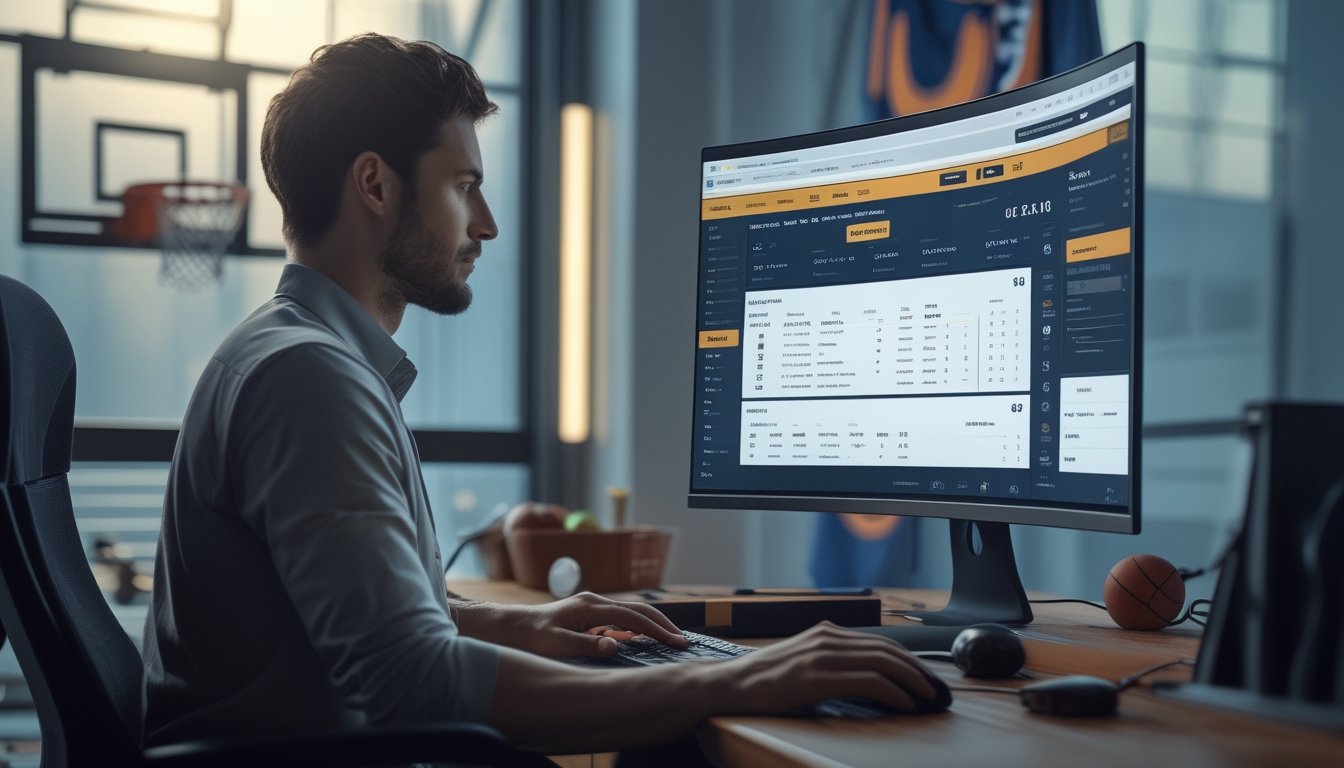 Seseorang sedang menggunakan komputer dengan tampilan situs taruhan bola basket online di meja kerja modern.