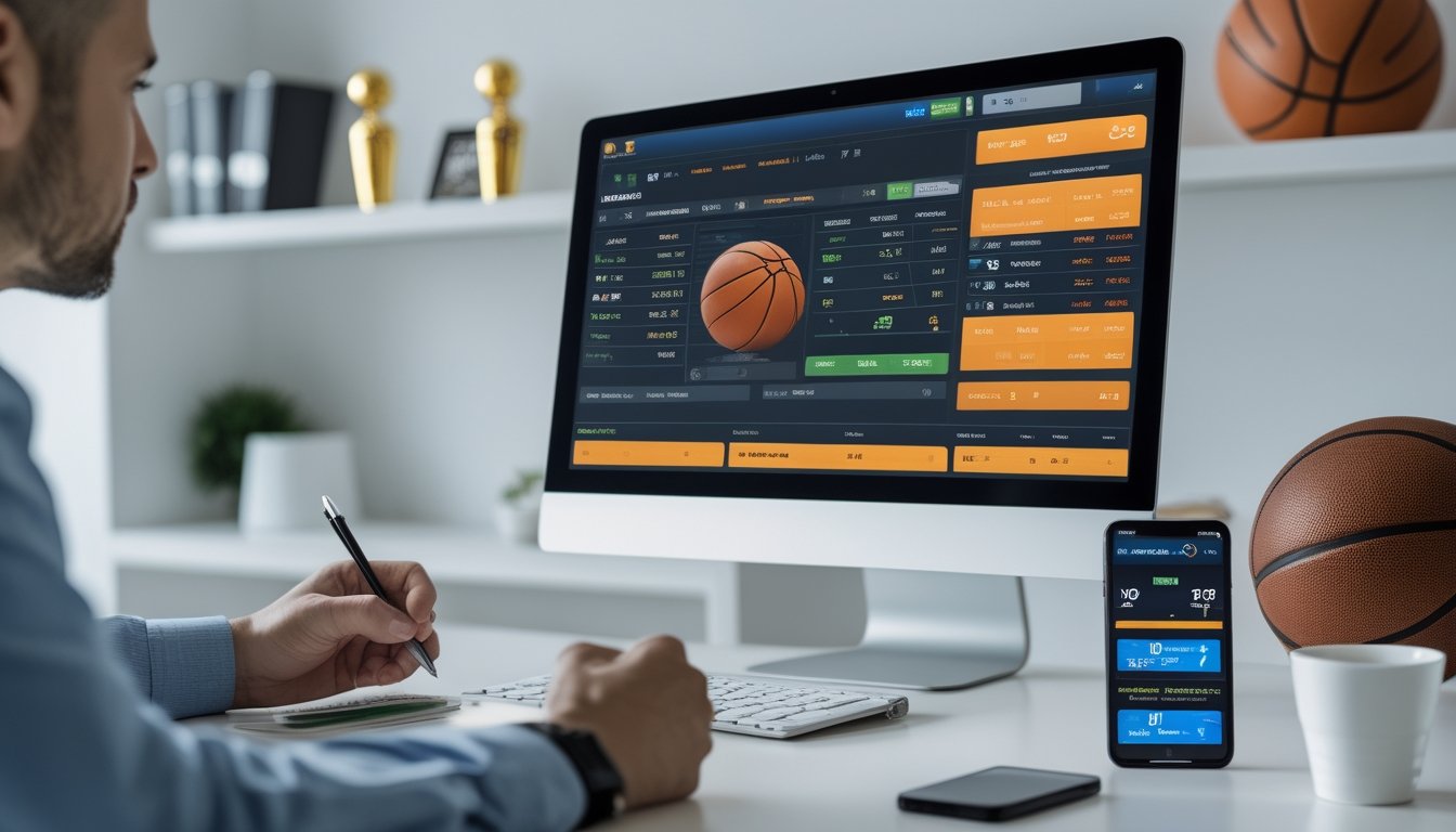 Seorang pria sedang duduk di depan komputer yang menampilkan situs judi basket online dengan berbagai pilihan taruhan, di meja terdapat catatan dan ponsel yang menampilkan skor basket langsung.