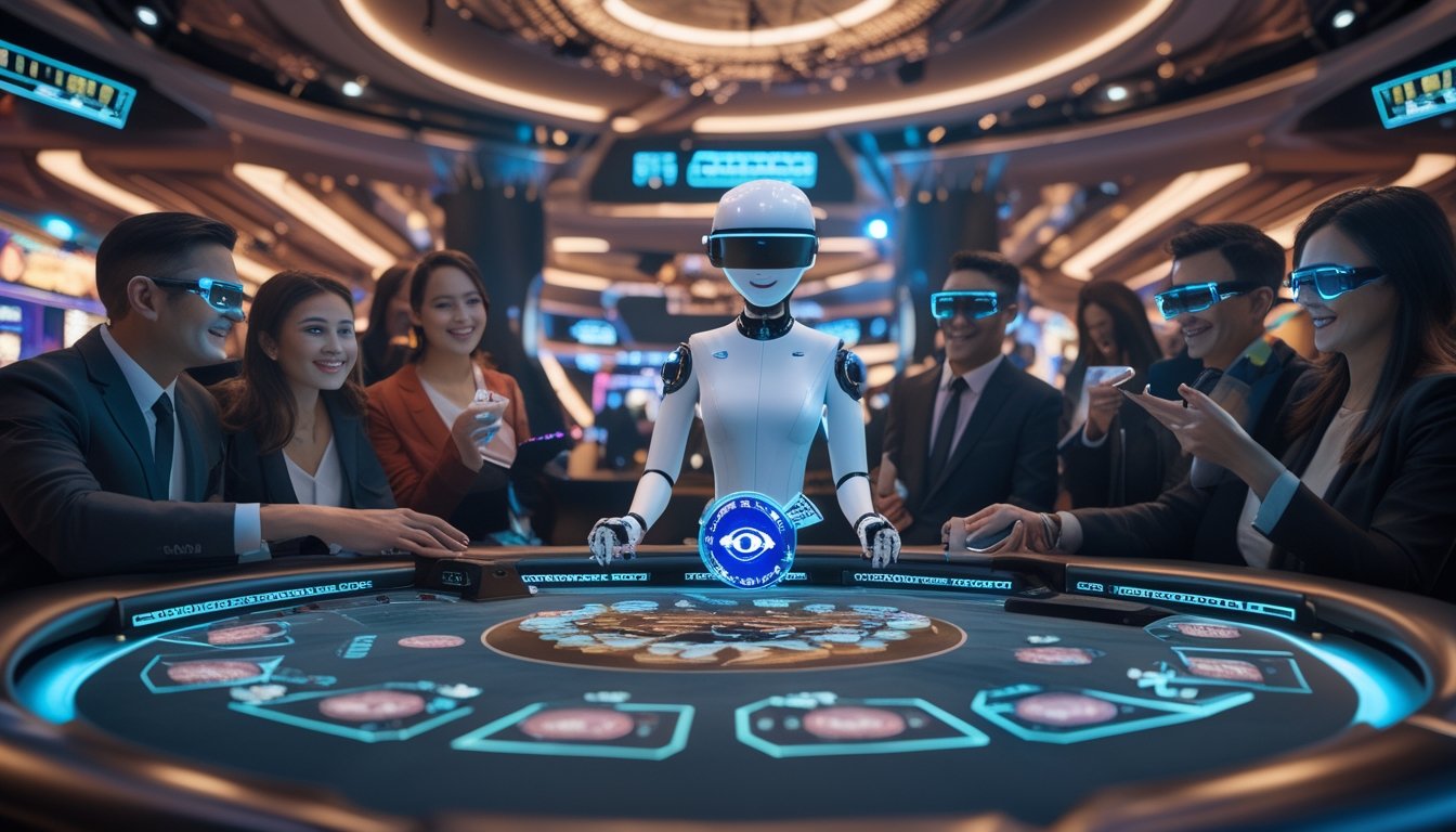 Suasana kasino futuristik dengan meja permainan yang menampilkan kartu dan chip holografik, pemain menggunakan kacamata pintar, dan dealer AI berbentuk robot humanoid yang ramah sedang mengelola permainan.