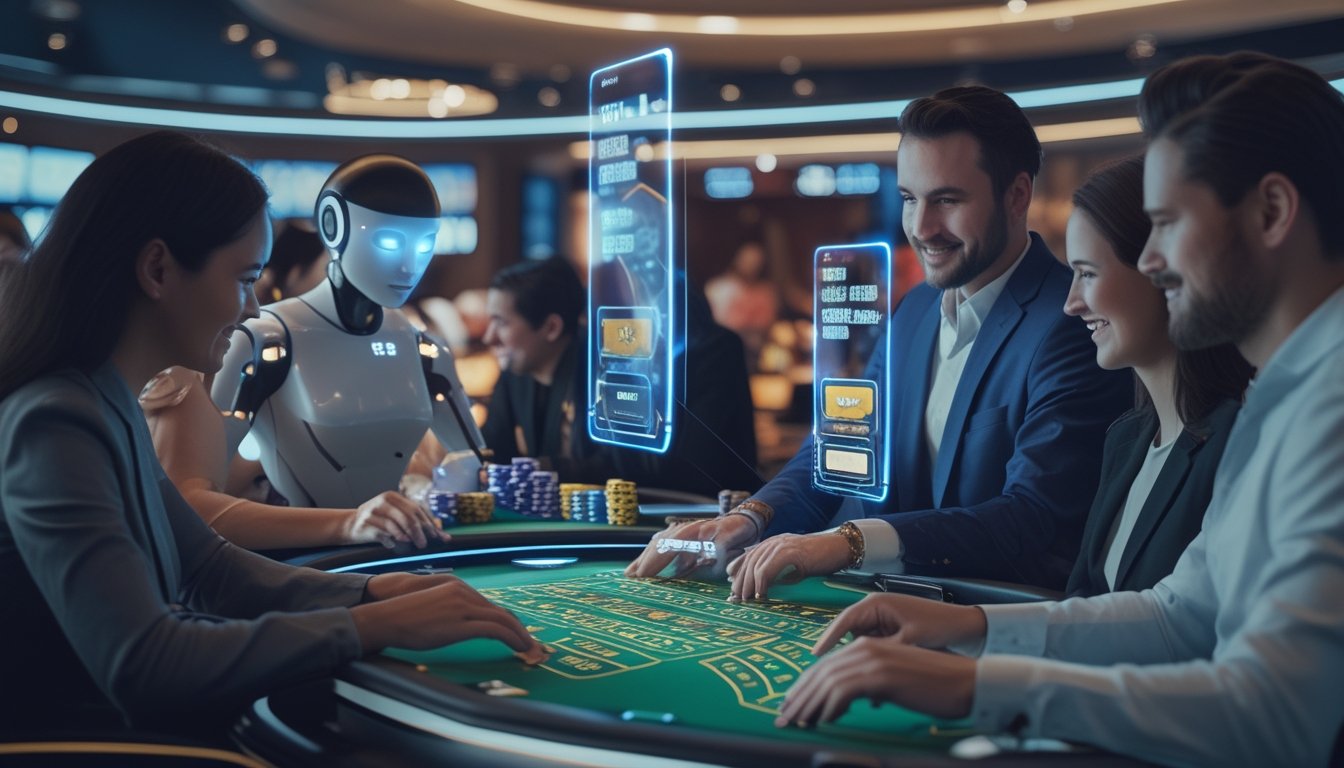 Seorang dealer AI dan pemain yang sedang bertaruh di meja kasino dengan elemen augmented reality di sekitar mereka.