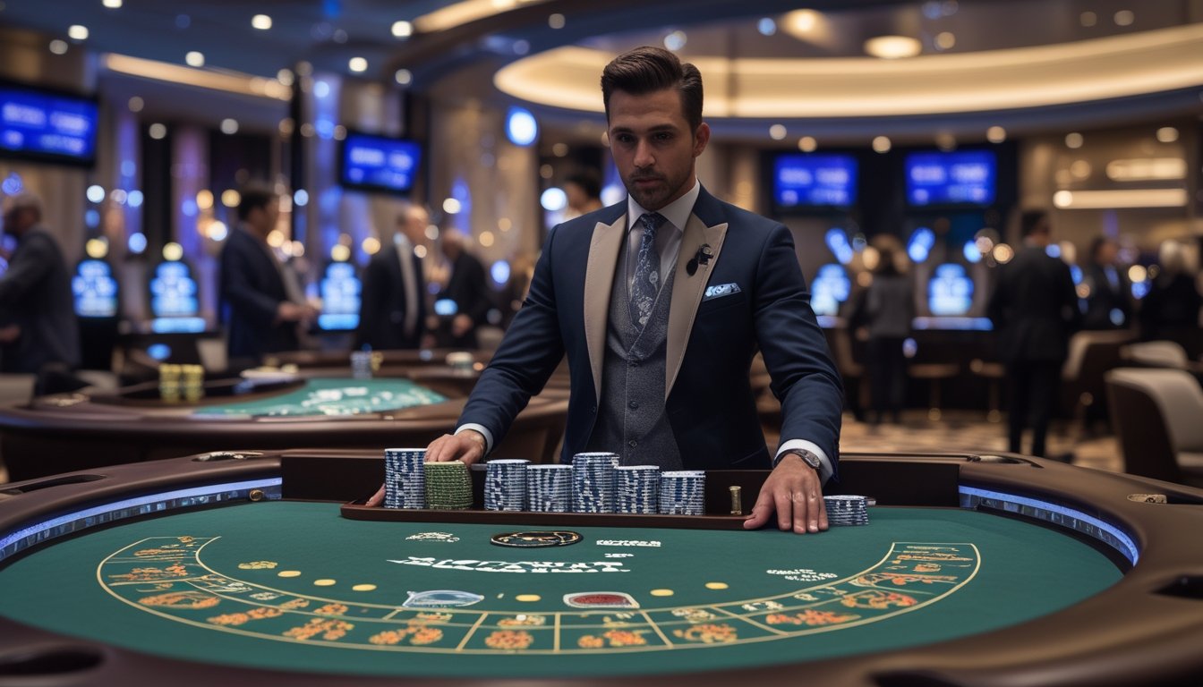 Meja baccarat di kasino dengan dealer profesional dan pemain yang sedang bertaruh.