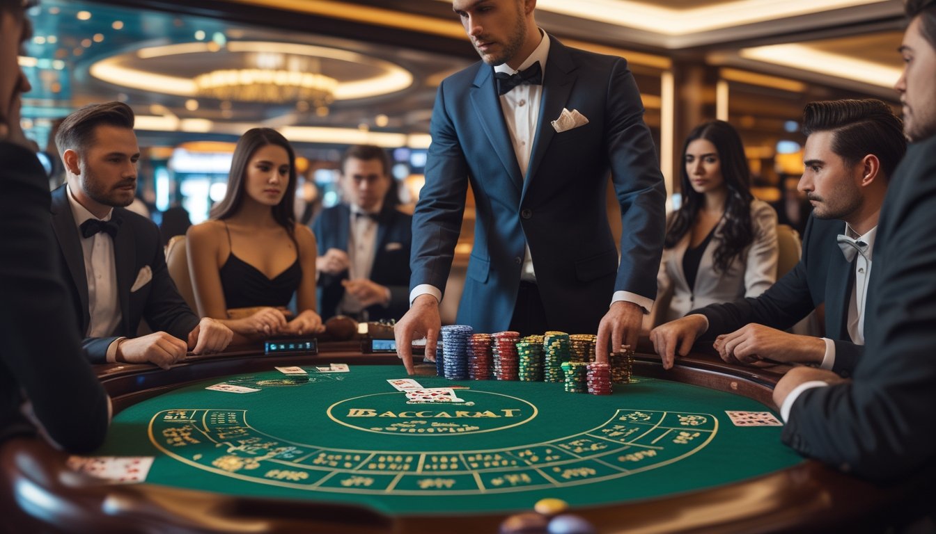Seorang dealer membagikan kartu di meja Baccarat dengan pemain yang sedang memasang taruhan di kasino mewah.