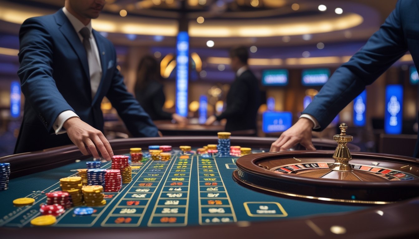 Meja roulette di kasino dengan dealer dan pemain sedang memasang taruhan pada roda roulette yang berputar.