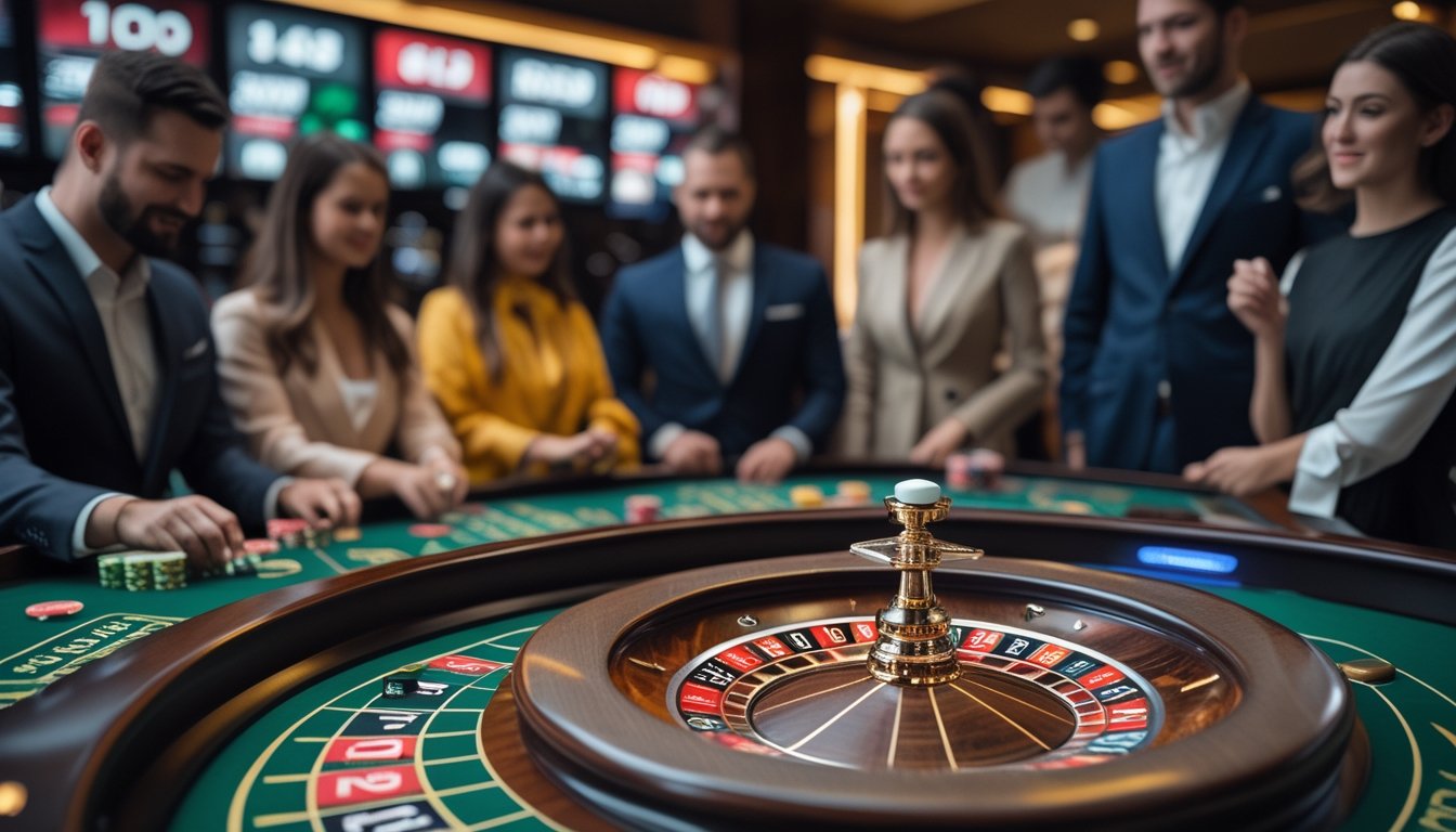 Meja roulette kasino live dengan pemain yang fokus dan roda roulette sedang berputar.