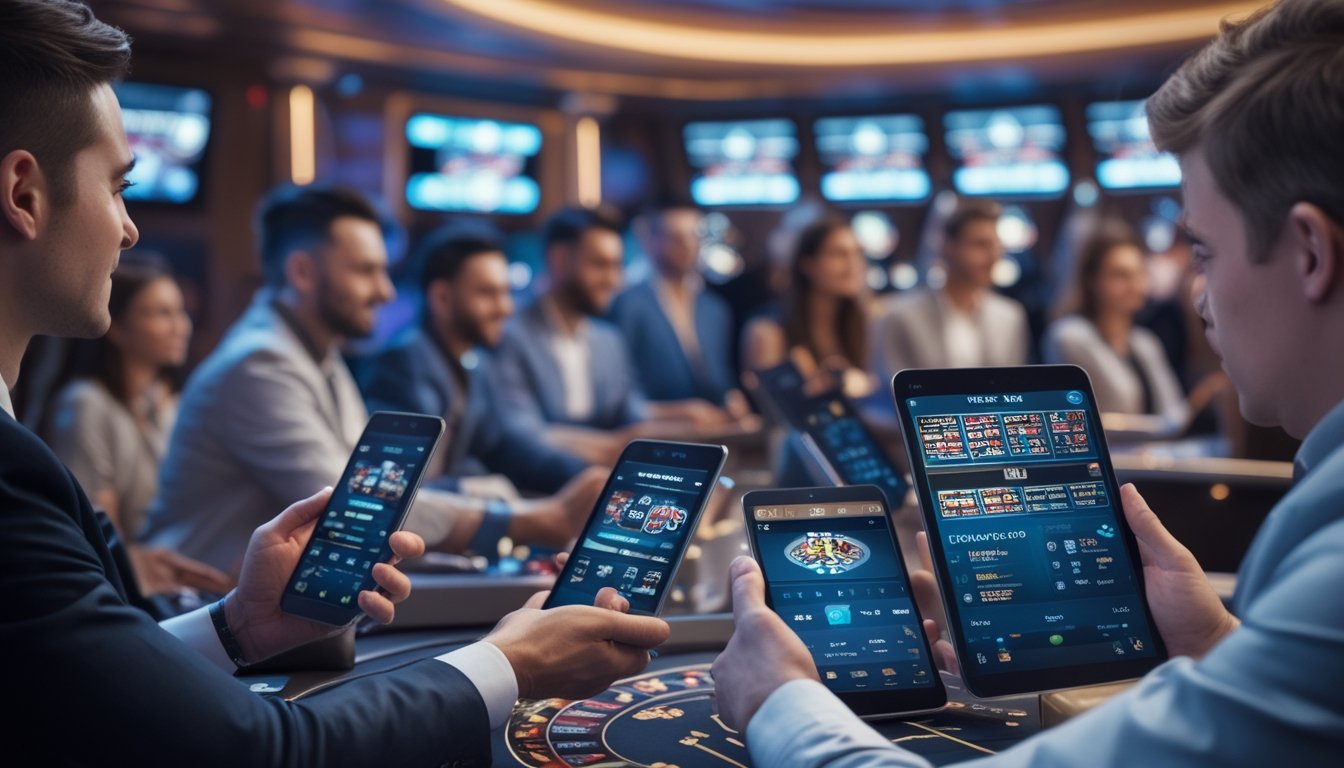 Orang-orang bermain taruhan kasino langsung menggunakan perangkat digital di lingkungan kasino modern.