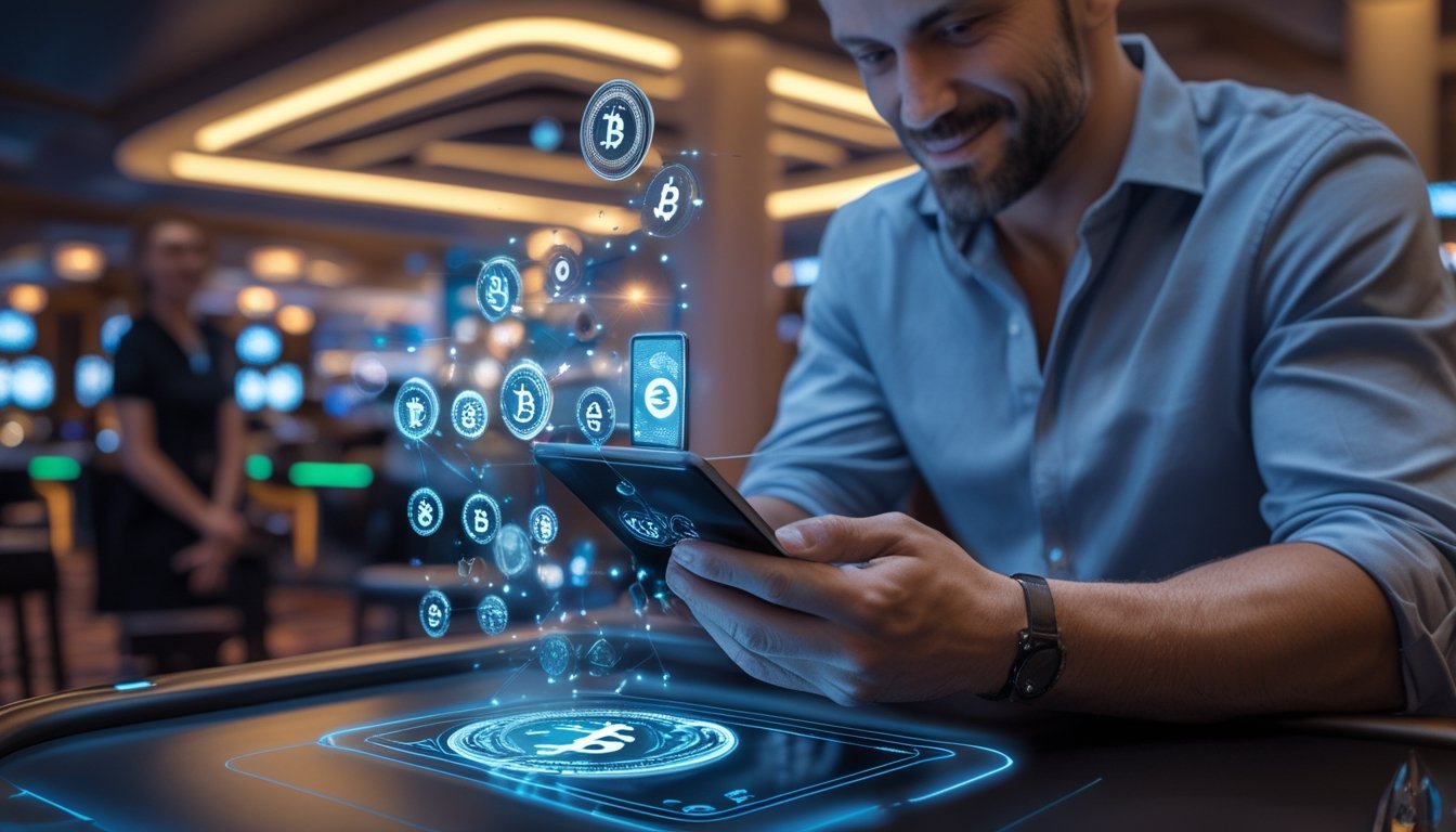 Seorang pria menggunakan perangkat digital untuk taruhan kasino live dengan latar belakang kasino dan simbol kripto yang terlihat.