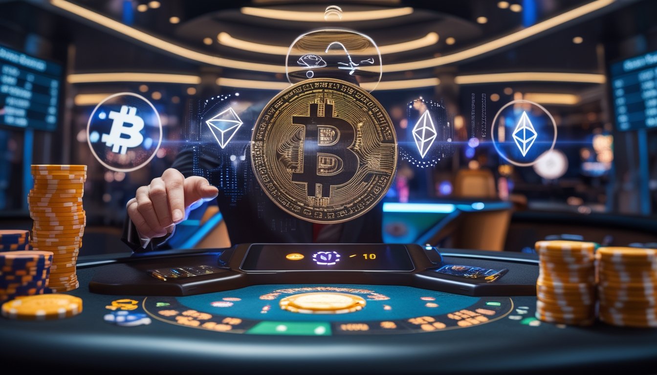 Seorang dealer kasino live menggunakan antarmuka digital dengan simbol kripto mengambang di atas meja taruhan di kasino modern.