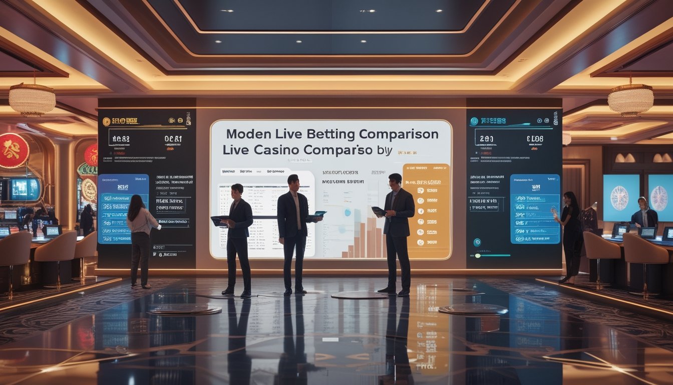 Suasana kasino modern dengan dua bagian yang mewakili penyedia taruhan live Asia dan Eropa, menampilkan orang-orang yang menganalisis data taruhan dan layar digital dengan grafik perbandingan.