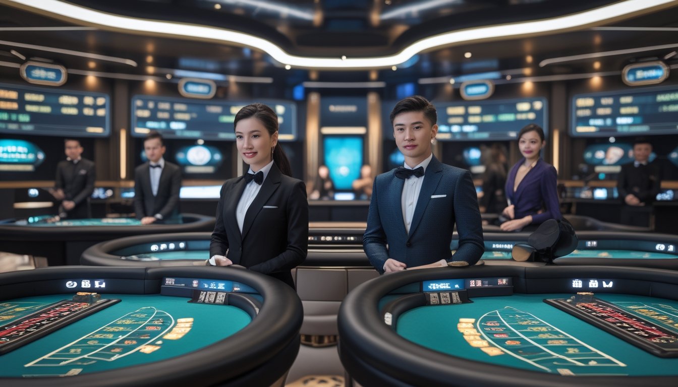 Suasana kasino modern dengan meja dealer langsung dan layar digital yang menampilkan fitur taruhan, menggambarkan perbandingan antara penyedia kasino Asia dan Eropa.