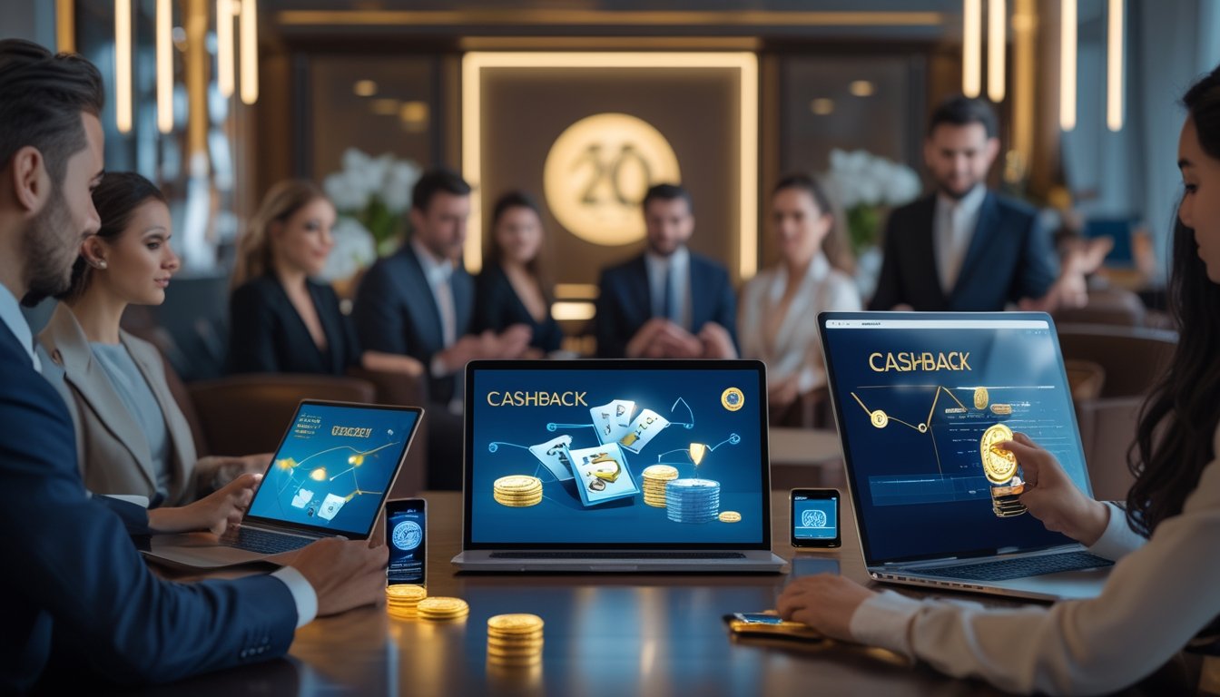 Beberapa orang menggunakan perangkat digital di lingkungan kasino modern dengan suasana elegan dan elemen visual yang menunjukkan hadiah uang dan bonus cashback.