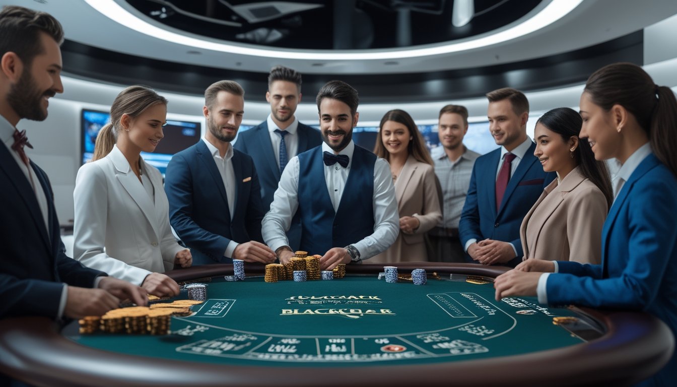 Suasana studio kasino live dengan meja blackjack dan pemain serta dealer yang sedang bermain kartu.
