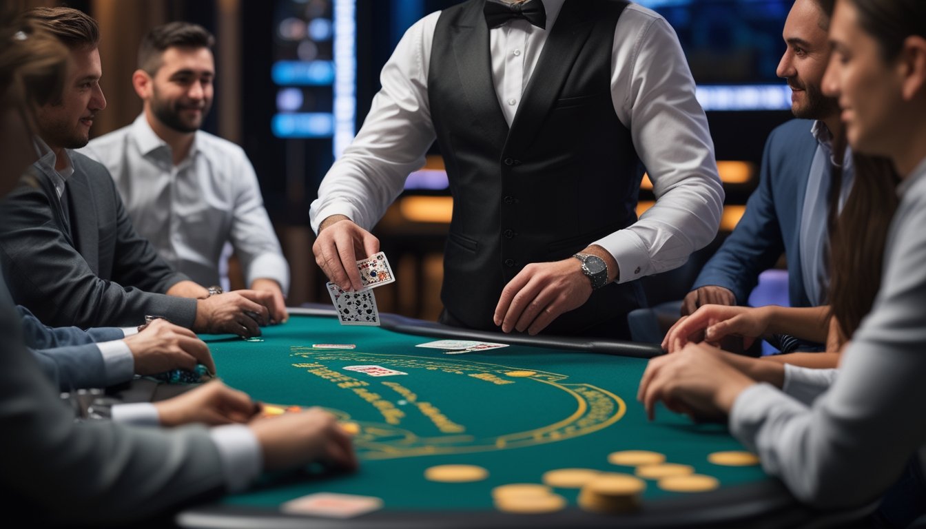 Seorang dealer membagikan kartu blackjack kepada pemain yang duduk di meja kasino dalam suasana studio taruhan kasino live.