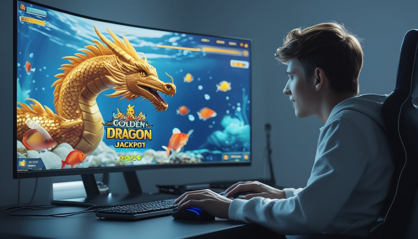 Seorang gamer muda sedang bermain game tembak ikan online dengan layar menampilkan ikan berwarna-warni dan naga emas di latar bawah laut.