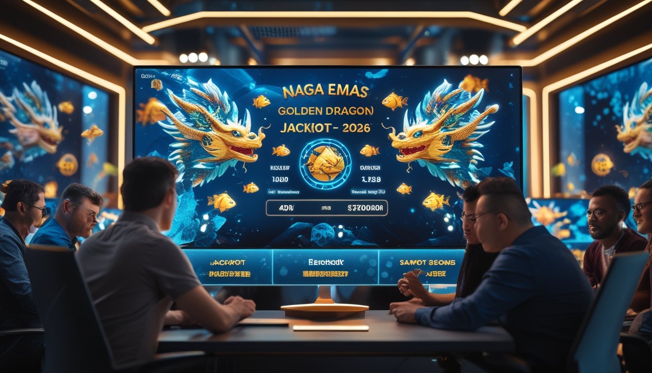 Sejumlah orang dewasa sedang berkonsentrasi bermain permainan online bertema naga emas dengan layar menampilkan grafis ikan dan naga berwarna emas di sebuah ruangan permainan yang terang.