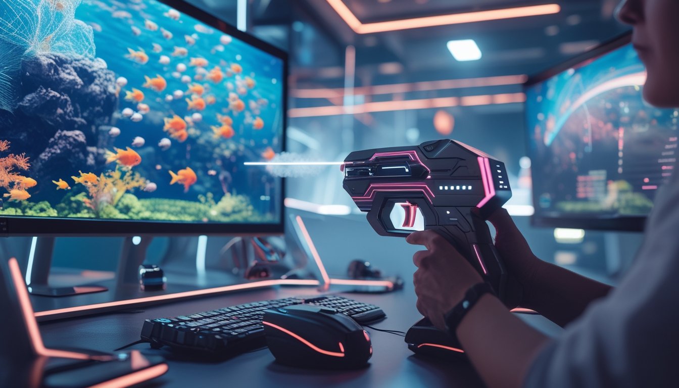 Seseorang memegang pengendali senjata laser di depan layar komputer yang menampilkan permainan menembak ikan dengan latar bawah laut berwarna-warni.