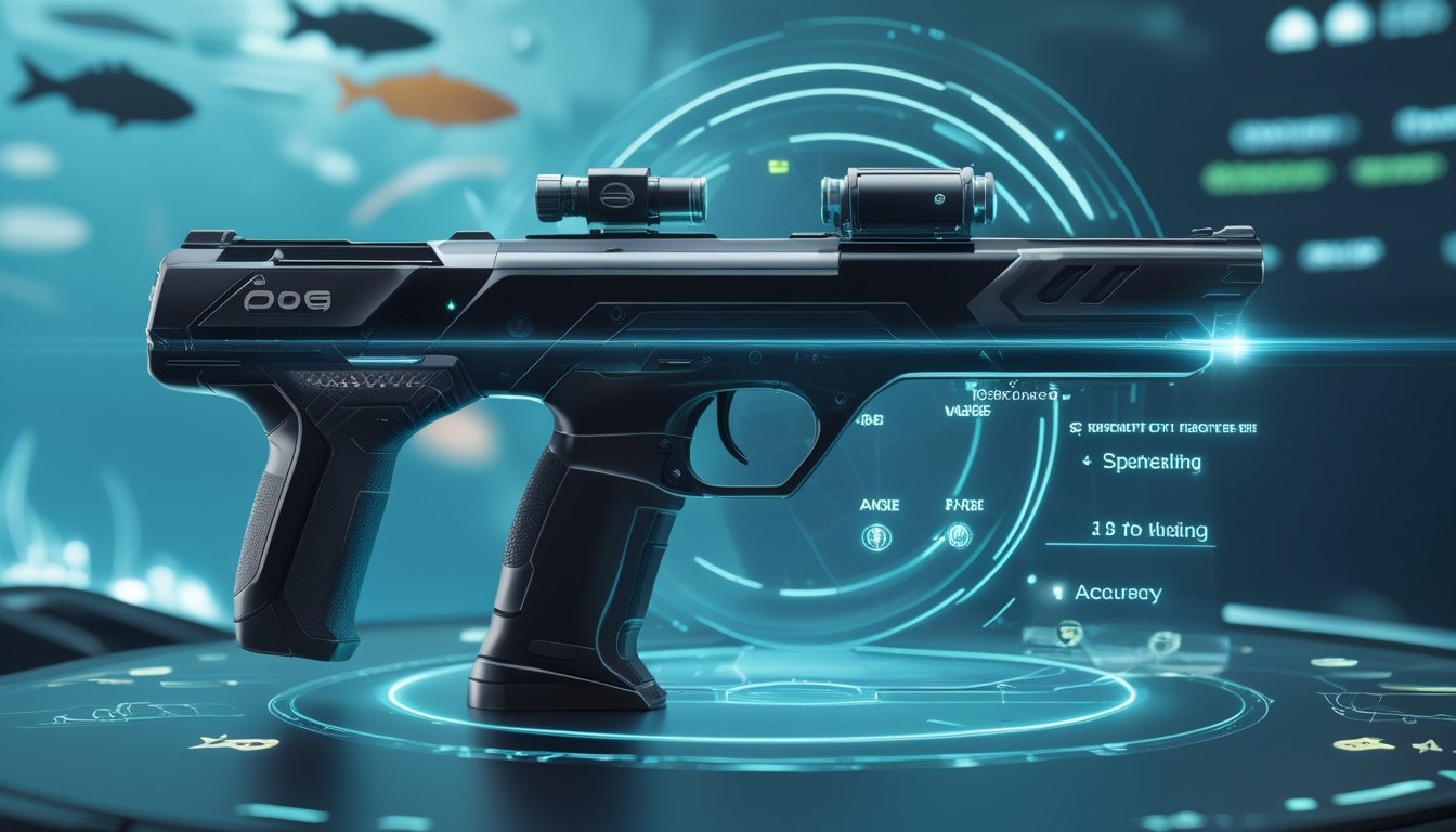 Senjata laser futuristik dengan tampilan digital dan ikon statistik di latar belakang bertema bawah laut dengan siluet ikan.