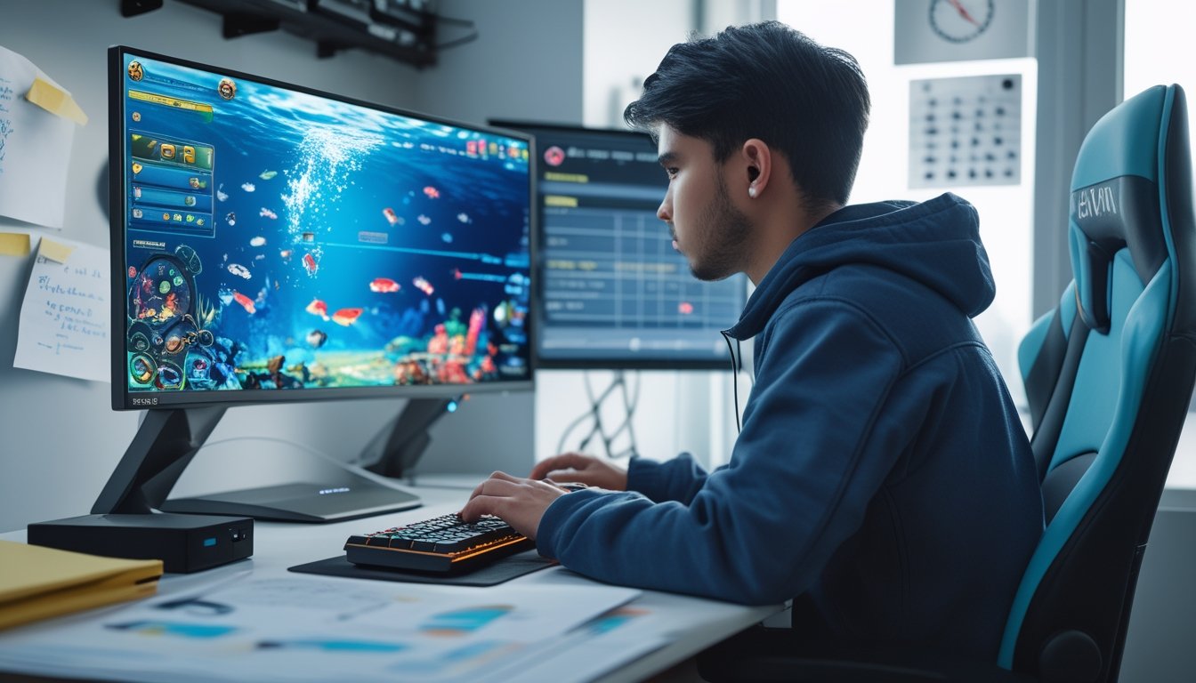 Seorang dewasa muda sedang fokus mengatur token dan peluru dalam permainan judi tembak ikan di depan komputer dengan grafik ikan berwarna-warni.