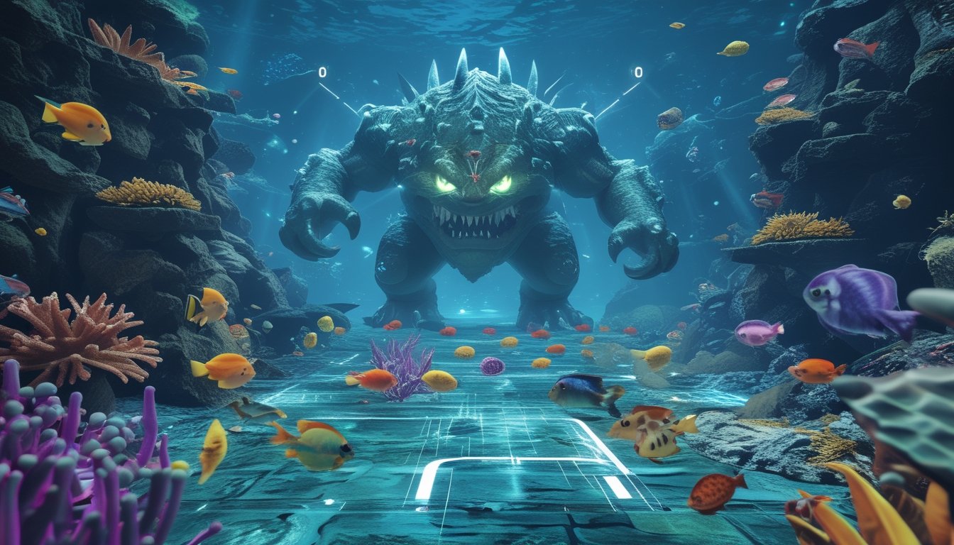 Adegan bawah air dengan monster laut besar dan ikan-ikan berwarna-warni di sekitar terumbu karang.
