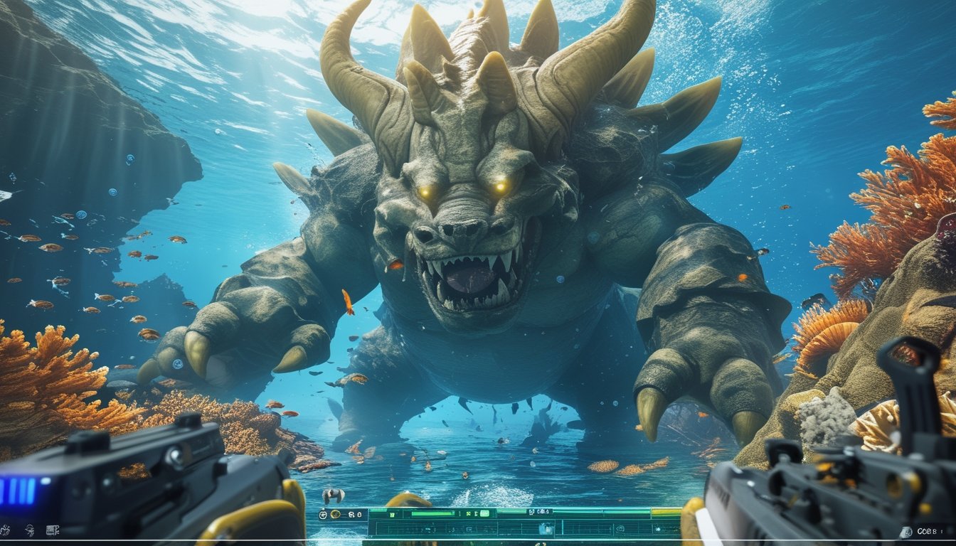 Adegan bawah laut dengan monster laut besar yang menakutkan dan elemen permainan menembak ikan di latar depan.