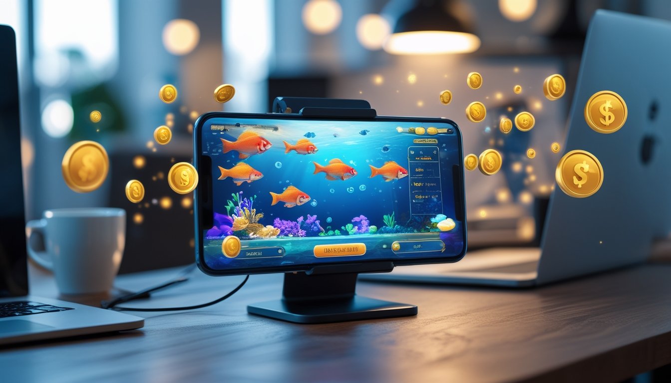 Sebuah ponsel pintar di atas meja kayu menampilkan permainan tembak ikan dengan koin digital di sekitarnya dalam suasana kantor modern.