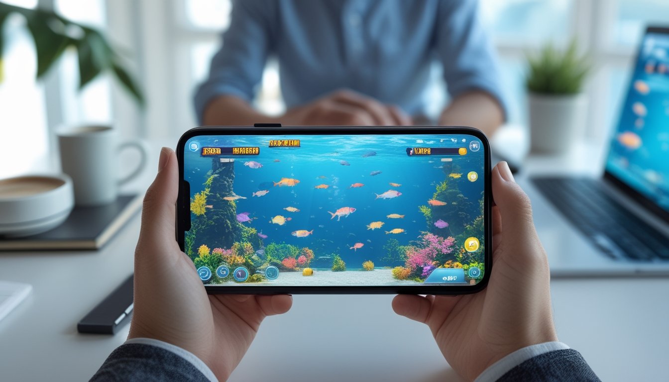 Seseorang memegang smartphone yang menampilkan permainan ikan tembak dengan latar belakang meja kerja minimalis.