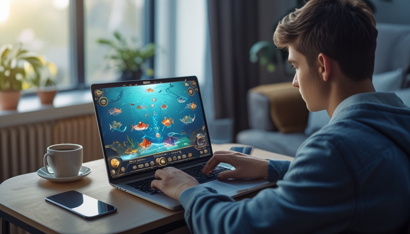 Seorang pria muda sedang fokus bermain permainan judi tembak ikan di laptop di dalam ruangan yang nyaman.