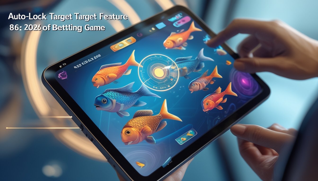 Tampilan dekat layar perangkat digital yang menampilkan fitur auto-lock target pada permainan menembak ikan dengan ikan berwarna-warni dan tangan pemain yang mengoperasikan perangkat.