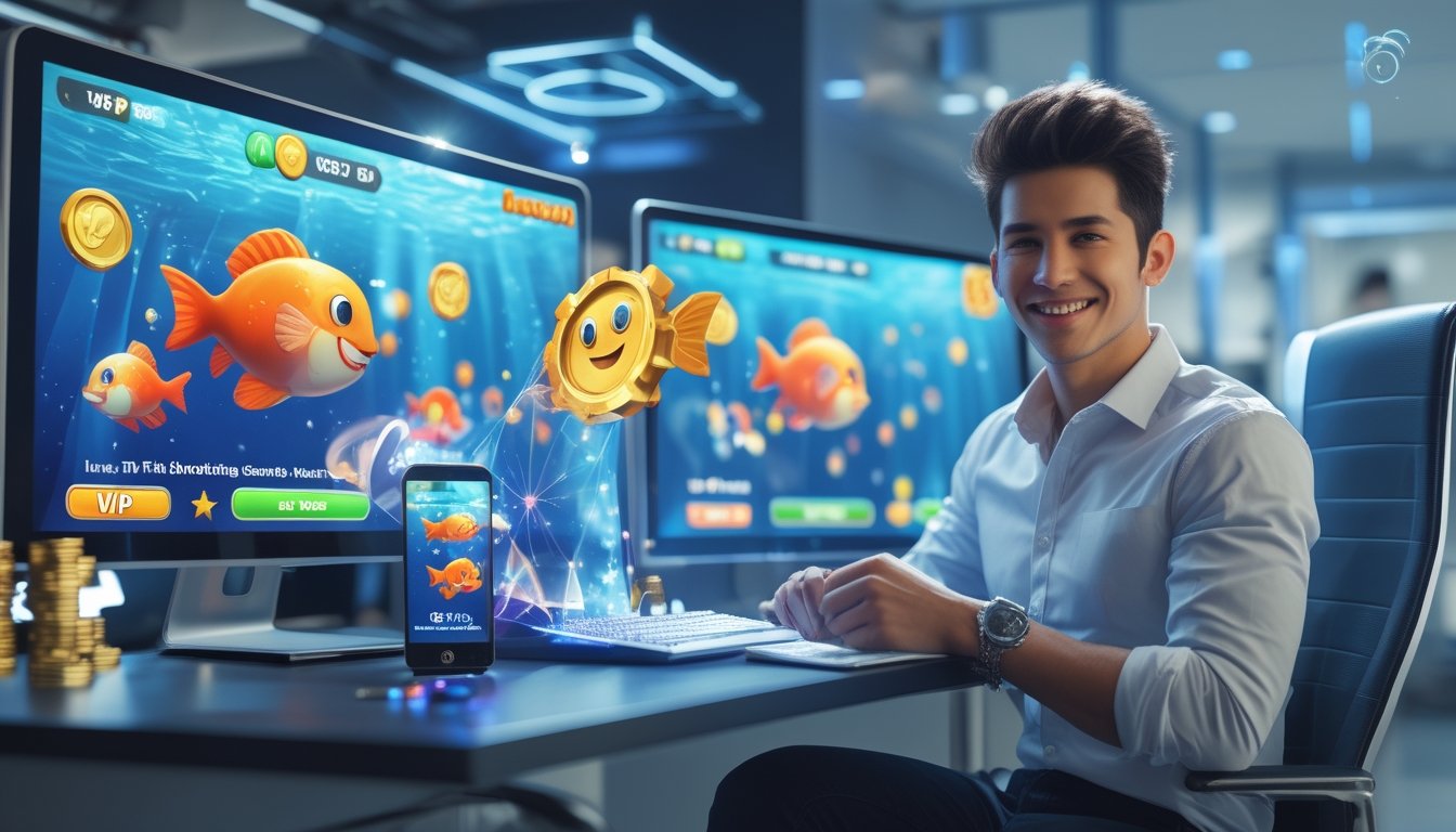 Seseorang duduk di meja dengan beberapa layar komputer yang menampilkan permainan tembak ikan dan koin virtual, terlihat fokus dan senang dalam suasana kantor modern.