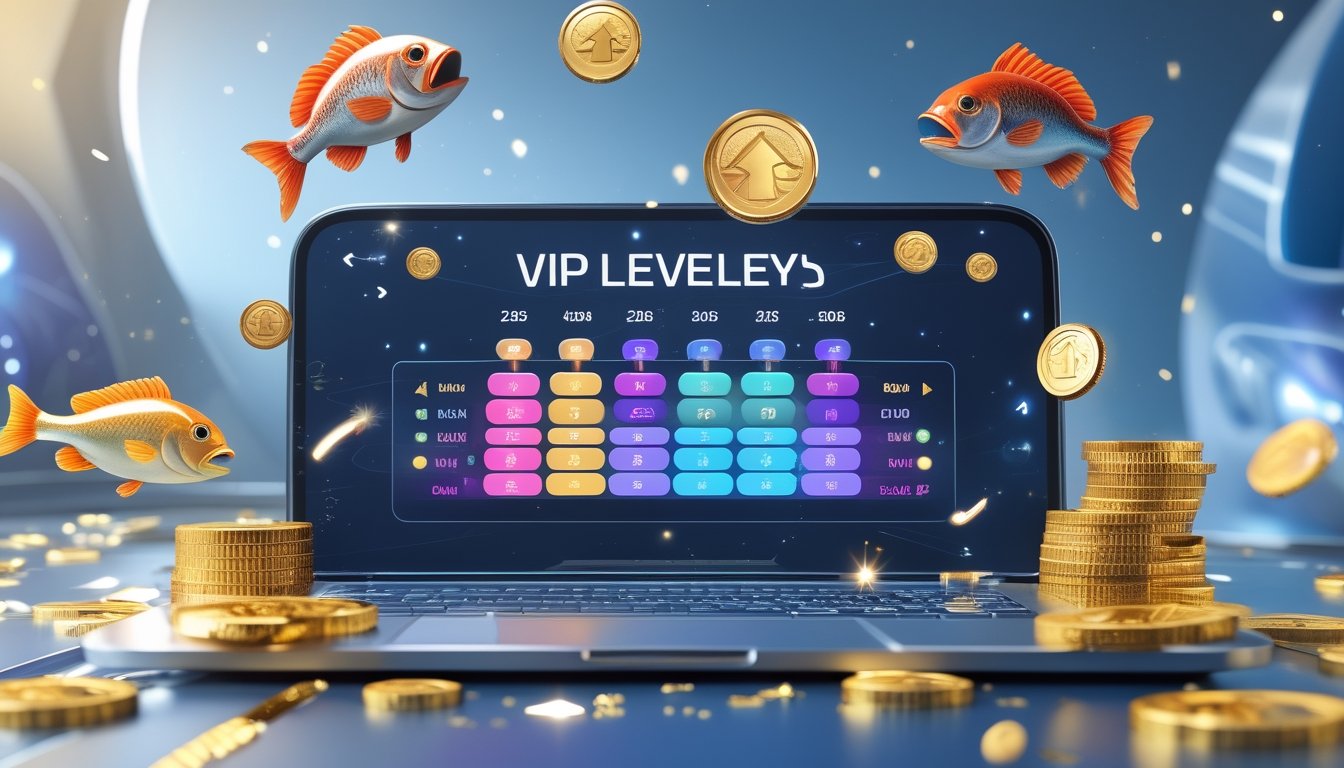 Tampilan layar perangkat digital dengan grafik level VIP, koin emas, dan karakter ikan dalam permainan judi tembak ikan.