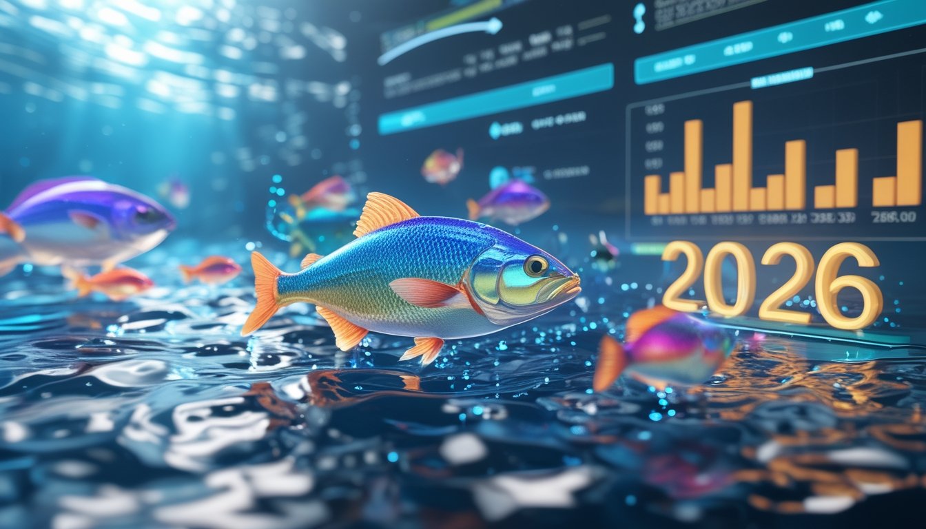 Tampilan antarmuka grafis 3D permainan memancing dengan ikan berwarna-warni dan indikator pembayaran tinggi.