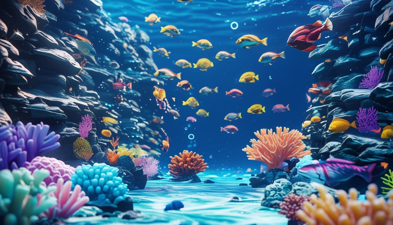 Pemandangan bawah laut dengan ikan berwarna-warni dan terumbu karang yang hidup dalam permainan tembak ikan 3D.