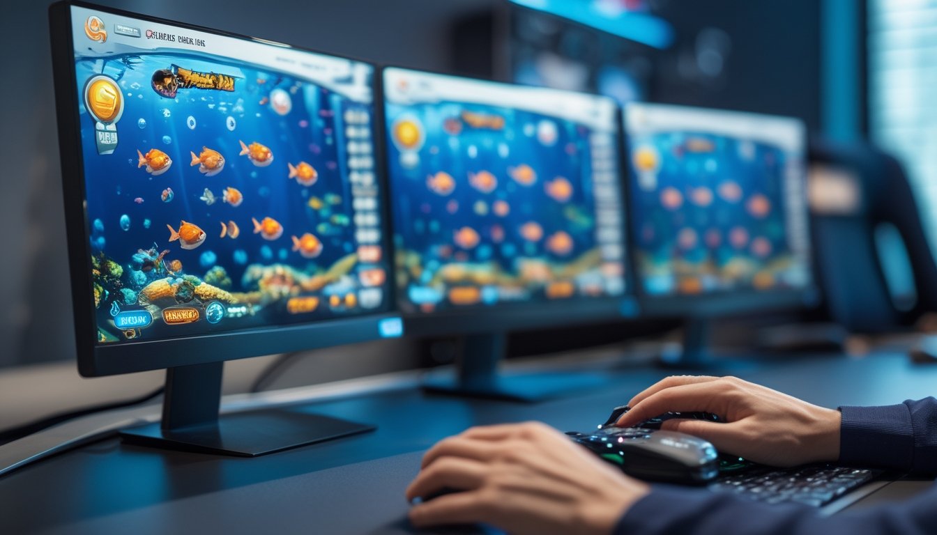 Seseorang bermain game tembak ikan di komputer dengan layar menampilkan grafik ikan warna-warni dan indikator multiplier.