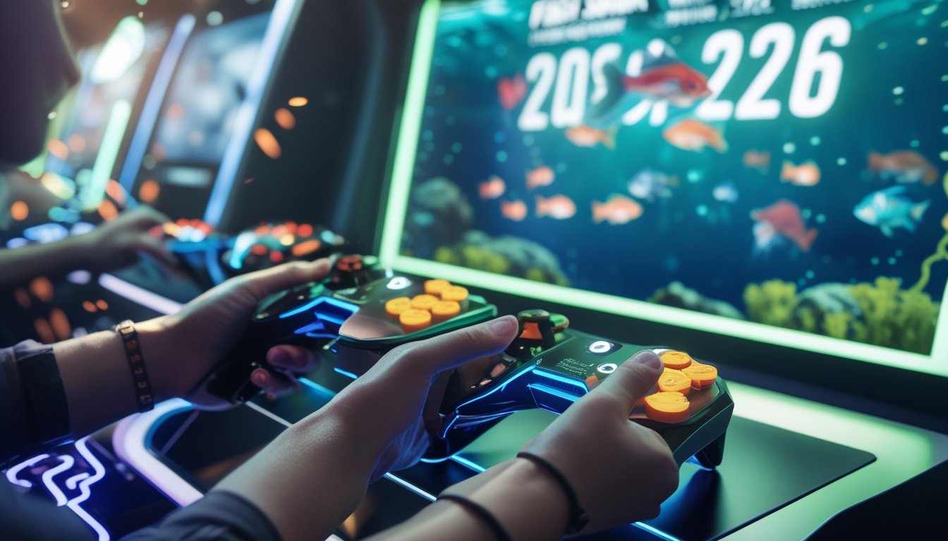Tangan pemain yang sedang mengoperasikan kontroler game tembak ikan dengan layar digital penuh warna menampilkan ikan dan multiplier besar di latar belakang.