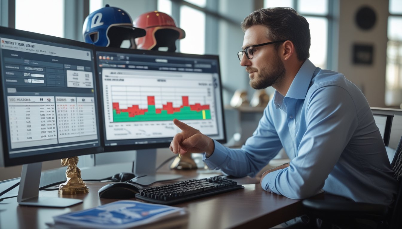 Seorang analis sedang mempelajari grafik dan data balap kuda di kantor modern dengan layar komputer.