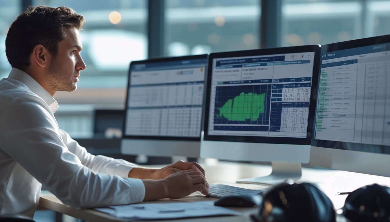 Seorang analis olahraga sedang mempelajari data dan statistik balap kuda di layar komputer di kantor modern.