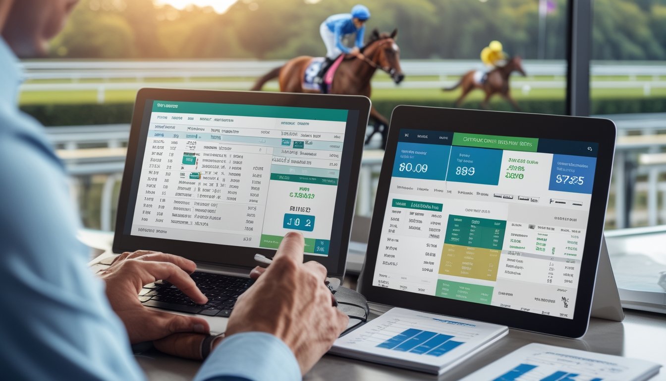 Seorang pria sedang menganalisis data odds balap kuda di depan layar komputer dengan latar belakang pacuan kuda dan joki yang sedang berlomba.