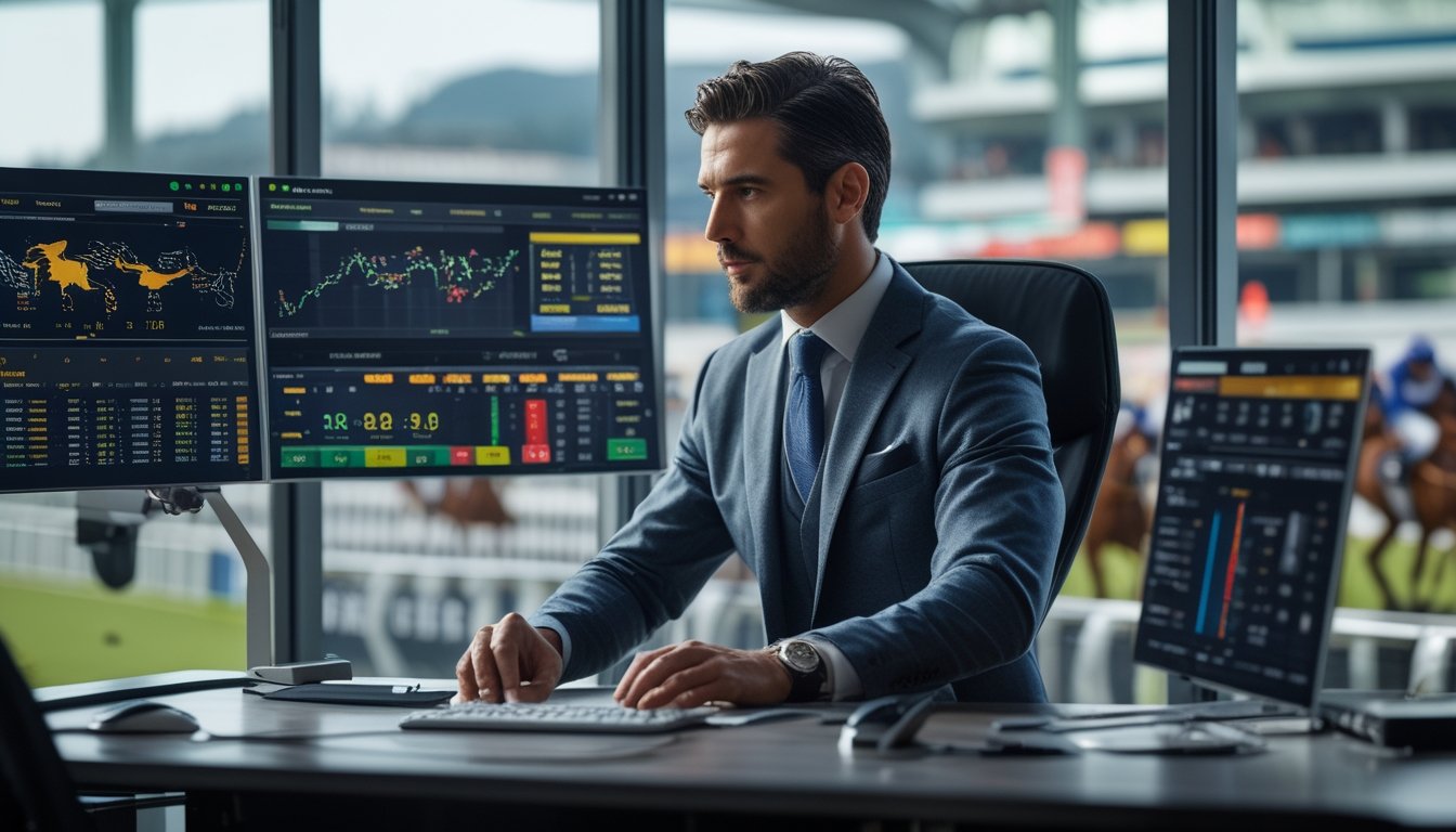 Seorang pria berpakaian rapi sedang menganalisis data balap kuda di depan layar digital dengan latar belakang arena balap kuda yang sedang berlangsung.