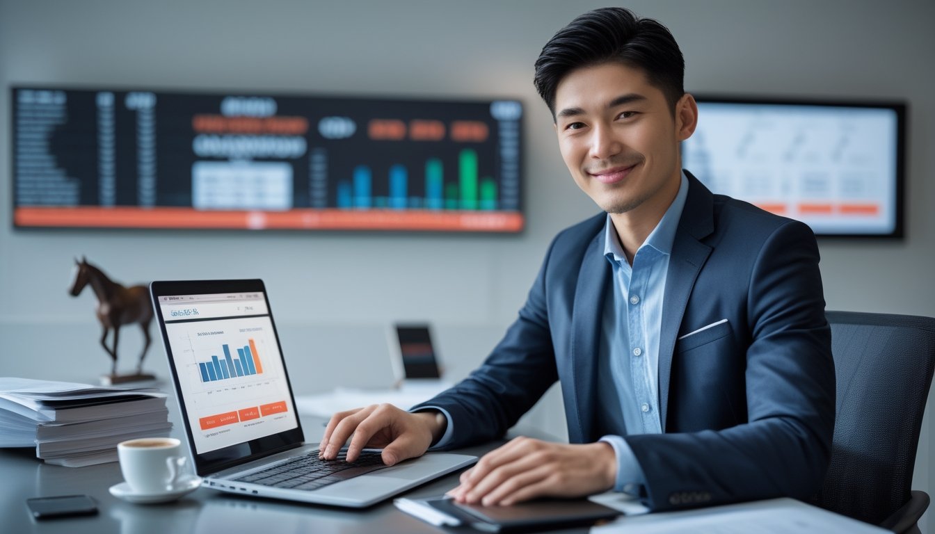 Seorang pria muda duduk di meja kantor dengan laptop yang menampilkan grafik keuangan dan data bonus cashback, di latar belakang terdapat elemen terkait balap kuda.