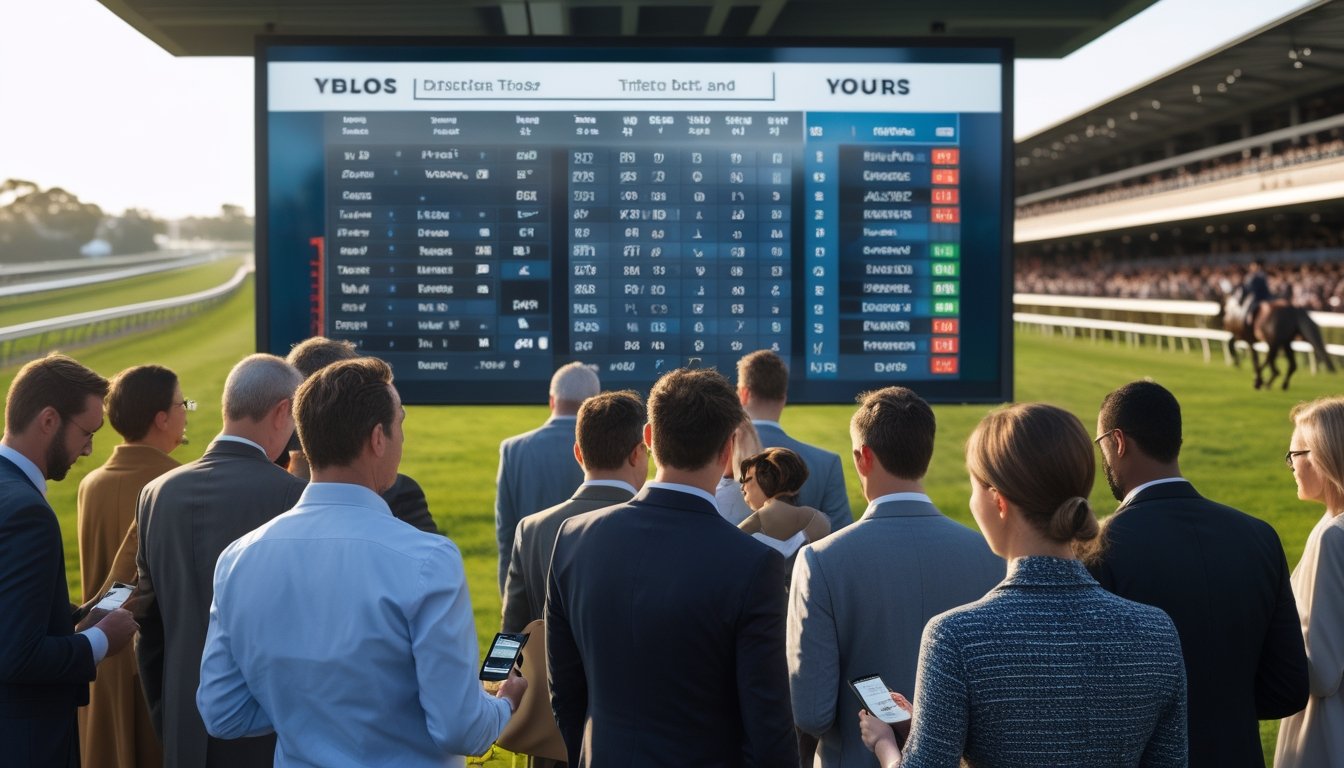 Sekelompok orang sedang memasang taruhan pada balap kuda Melbourne Cup 2026 dengan latar belakang kuda berlari di lintasan balap.