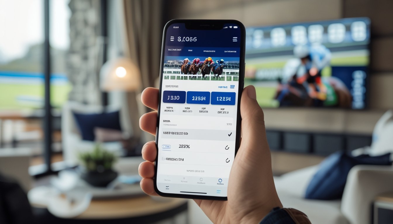 Seseorang memegang ponsel yang menampilkan aplikasi taruhan balap kuda dengan odds dan statistik yang jelas.