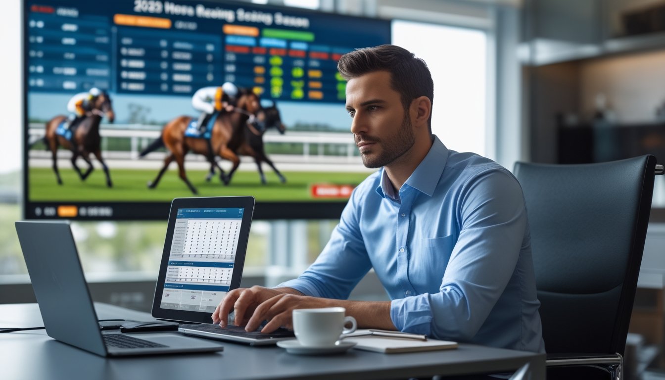 Seorang pria profesional duduk di meja modern dengan perangkat digital menampilkan data balap kuda dan grafik keuangan, sedang menganalisis informasi di kantor yang terang dan modern.