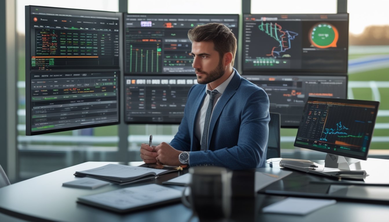 Seorang pria duduk di meja dengan beberapa layar yang menampilkan data balap kuda, sedang menganalisis informasi dengan serius di sebuah kantor modern.
