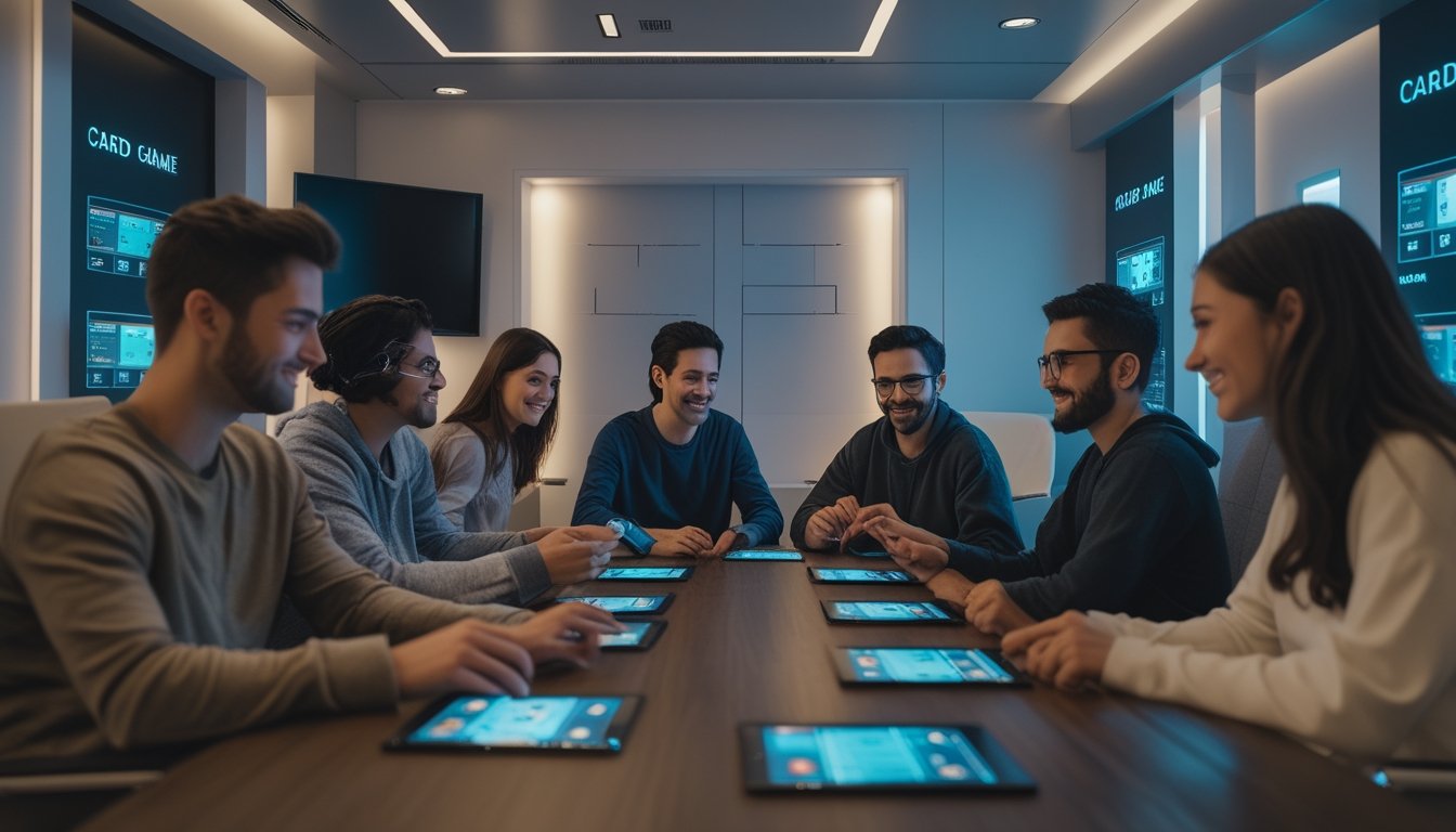 Sekelompok teman bermain kartu di ruang permainan pribadi yang nyaman dan aman dengan peralatan digital modern.