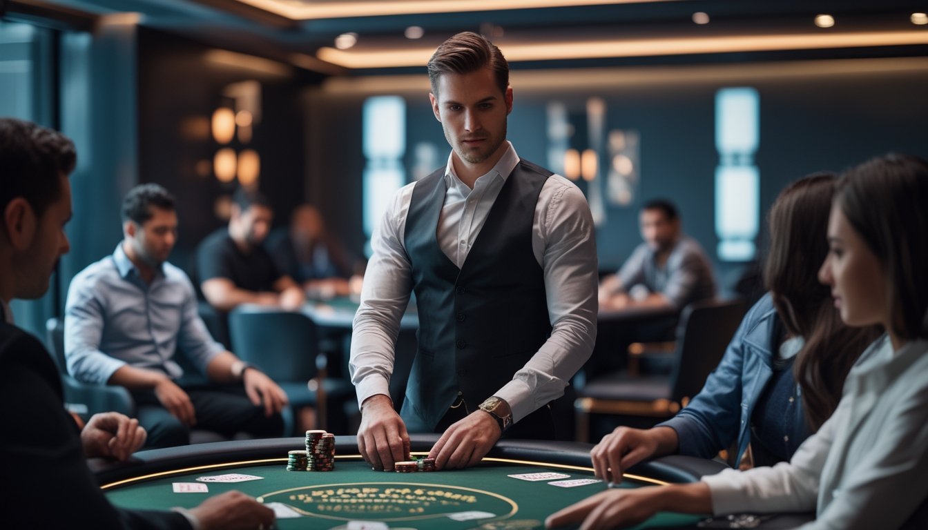 Seorang bandar poker pria yang fokus mengatur permainan Ceme di ruang privat dengan beberapa pemain di meja permainan.
