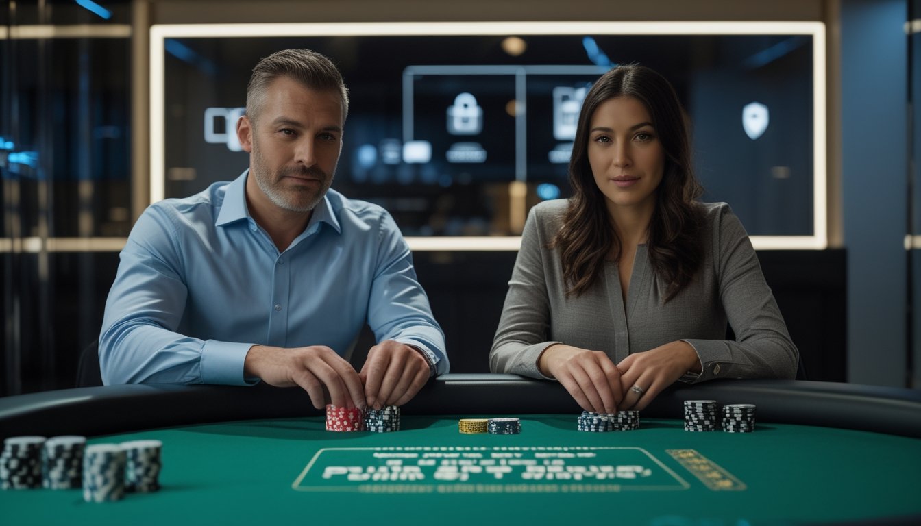 Dua pemain duduk di meja poker pribadi yang modern dan aman, fokus bermain kartu di ruangan yang eksklusif.