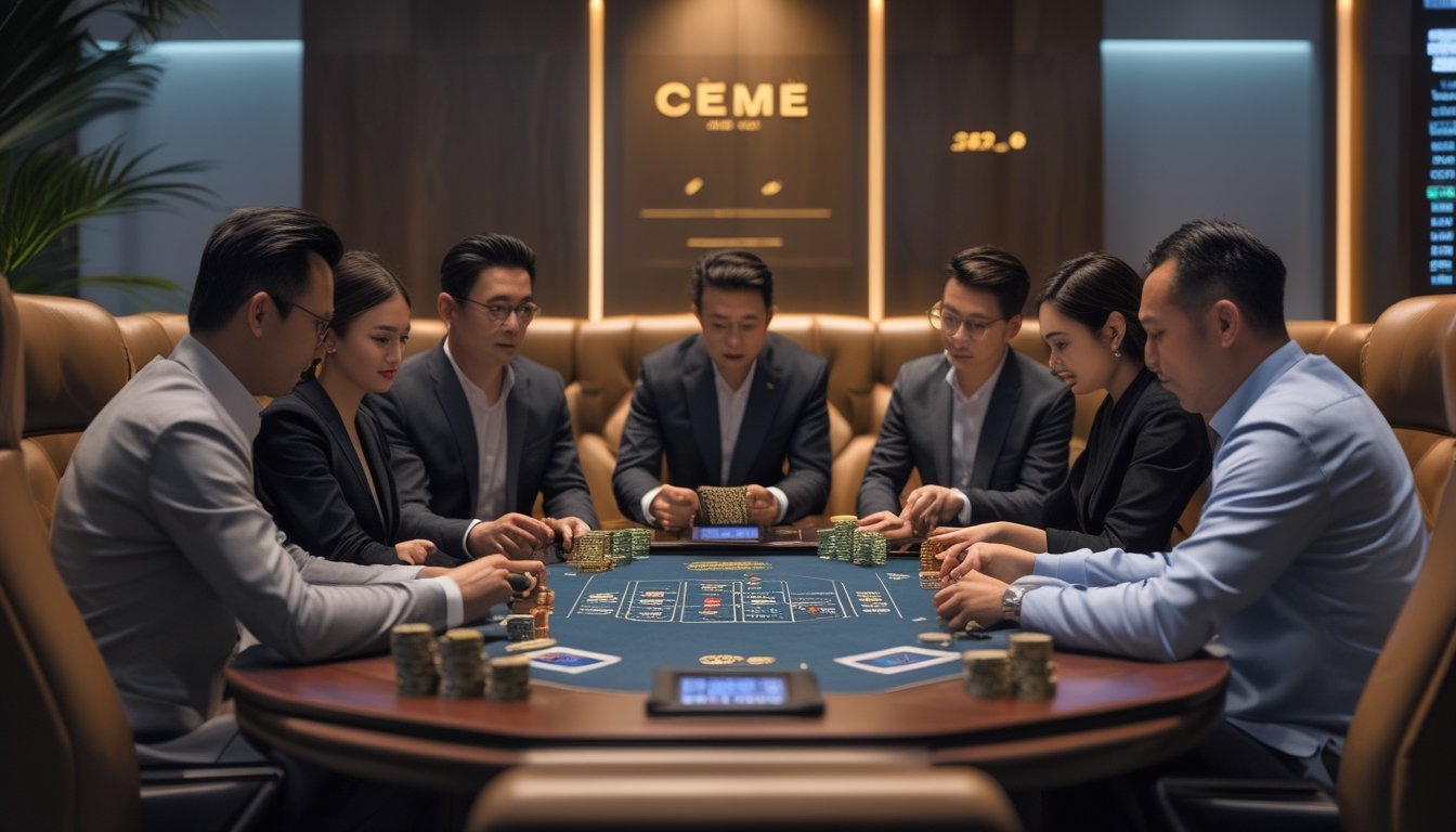 Ruangan privat eksklusif dengan meja permainan Ceme, kartu dan chip taruhan, serta beberapa orang sedang bermain dengan serius.