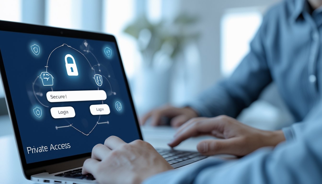 Seorang profesional sedang menggunakan laptop dengan layar login yang aman di meja kerja modern.