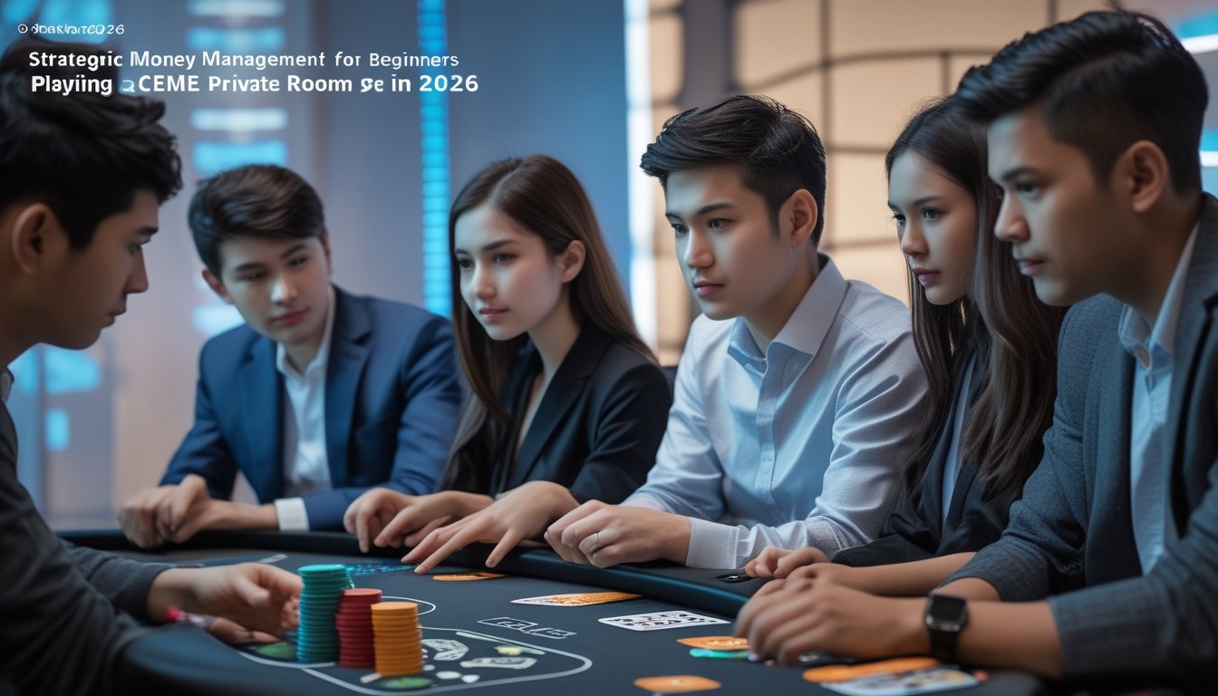 Beberapa orang muda sedang bermain permainan kartu di meja poker digital dalam ruangan permainan modern dengan pencahayaan lembut.