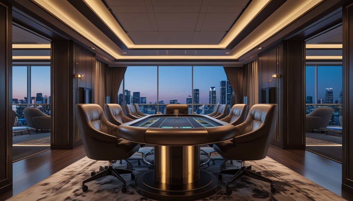 Ruangan permainan pribadi mewah dengan meja VIP dan kursi kulit di dalam gedung modern dengan pemandangan kota di latar belakang.